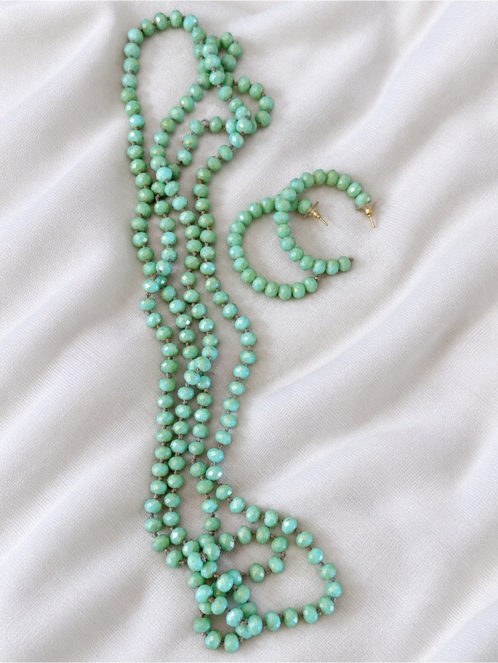 Mint Green Beaded Necklace and Hoop Earrings Set